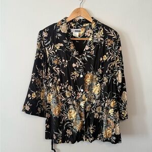 90s Vintage C.M. Shapes Black Floral Button-Up Shirt 2X – Rayon, Great Condition
